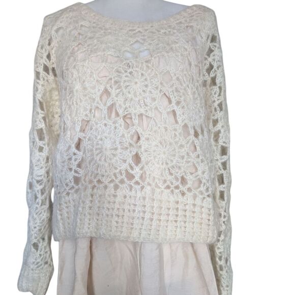 Cream Dainty Mandala Knit Mohair Textured Scoopneck Sweater L - Picture 3 of 13